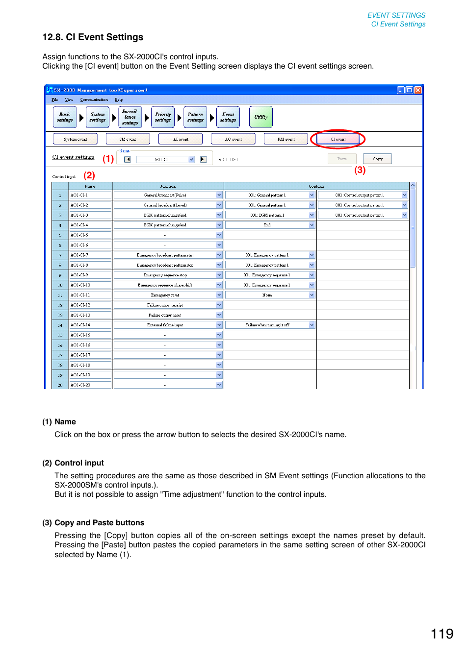 Ci event settings, P. 119), Control input terminals. (refer to | P. 119 | Toa SX-2000 Series User Manual | Page 119 / 180