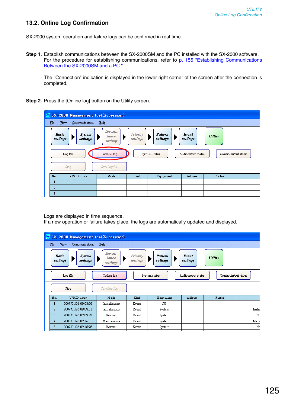 Online log confirmation, P. 125), Displays log data online. (refer to | P. 125 | Toa SX-2000 Series User Manual | Page 125 / 180