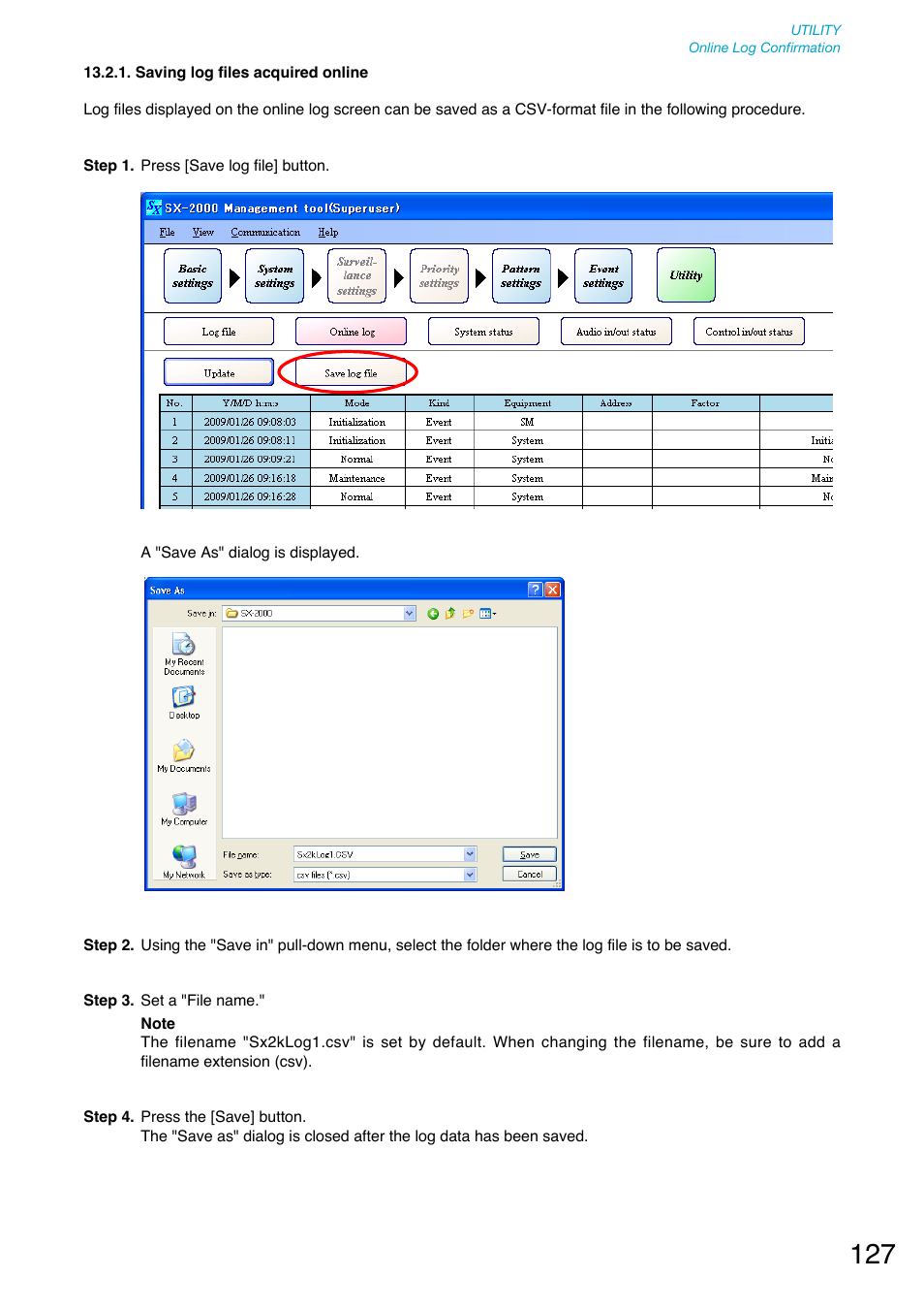 Saving log files acquired online | Toa SX-2000 Series User Manual | Page 127 / 180