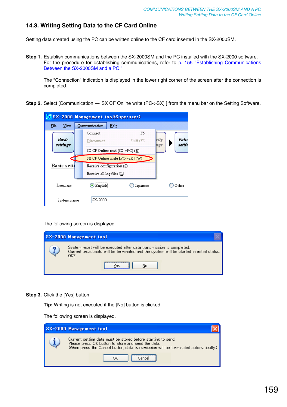 Writing setting data to the cf card online | Toa SX-2000 Series User Manual | Page 159 / 180