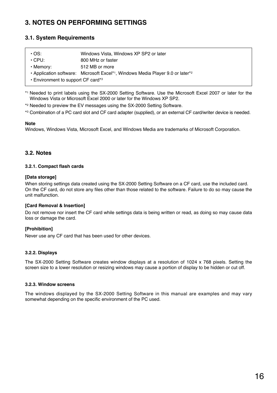 Notes on performing settings, System requirements, Notes | Compact flash cards, Displays, Window screens | Toa SX-2000 Series User Manual | Page 16 / 180
