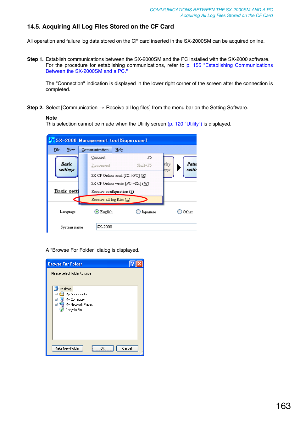 Acquiring all log files stored on the cf card | Toa SX-2000 Series User Manual | Page 163 / 180