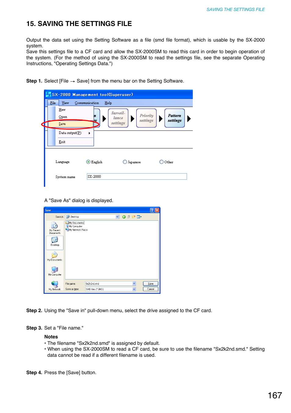 Saving the settings file, Refer to p. 167 "saving the settings file.") | Toa SX-2000 Series User Manual | Page 167 / 180