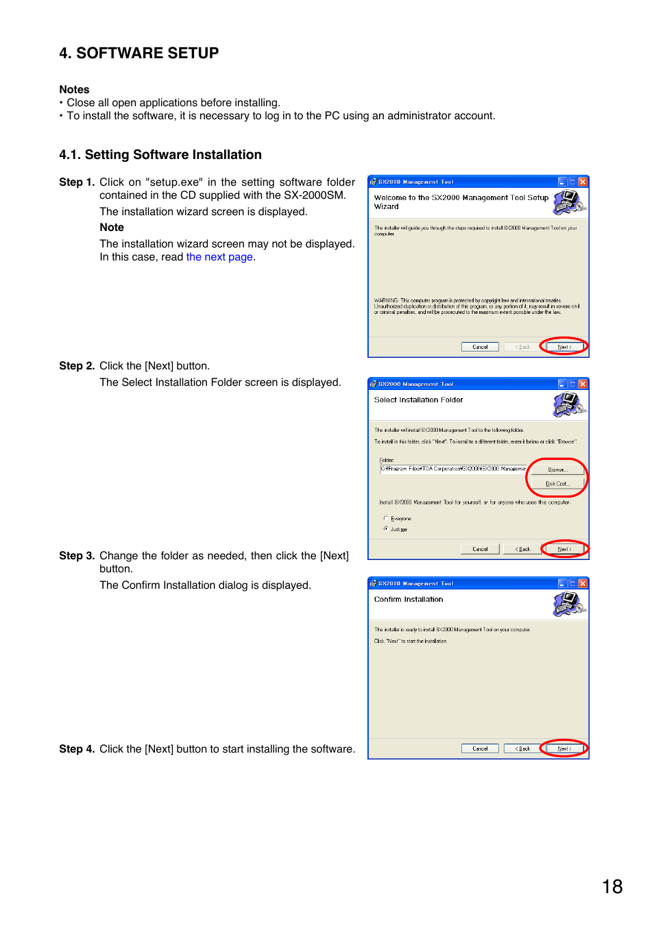 Software setup, Setting software installation | Toa SX-2000 Series User Manual | Page 18 / 180