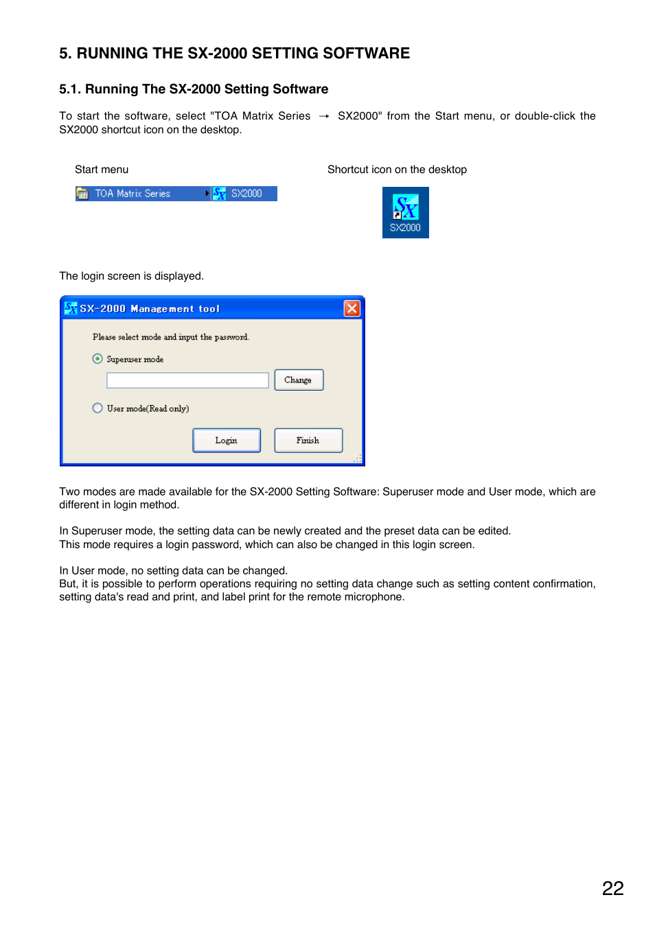 Running the sx-2000 setting software | Toa SX-2000 Series User Manual | Page 22 / 180