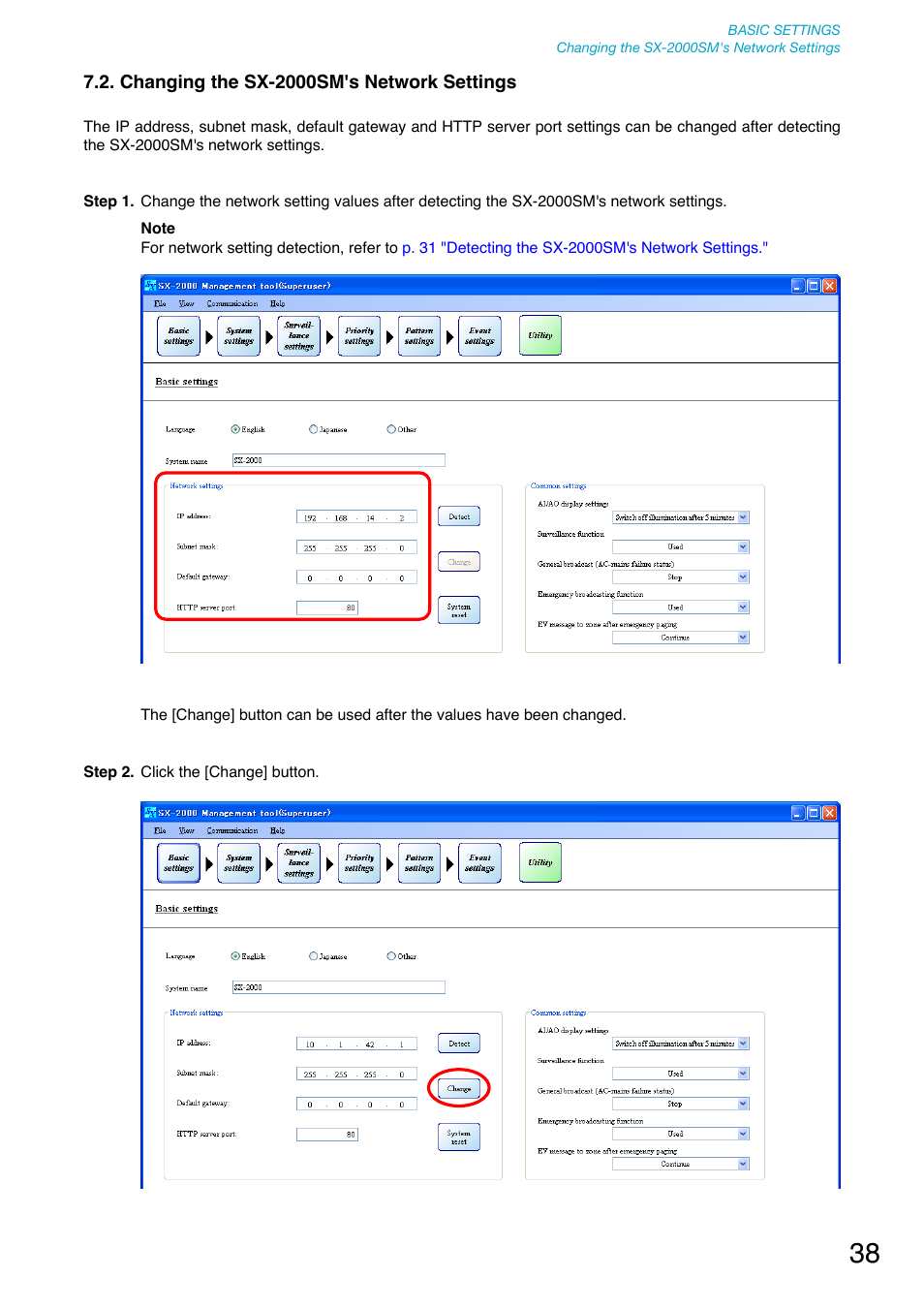 Changing the sx-2000sm's network settings, P. 38 