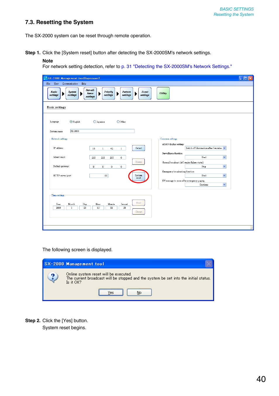 Resetting the system | Toa SX-2000 Series User Manual | Page 40 / 180