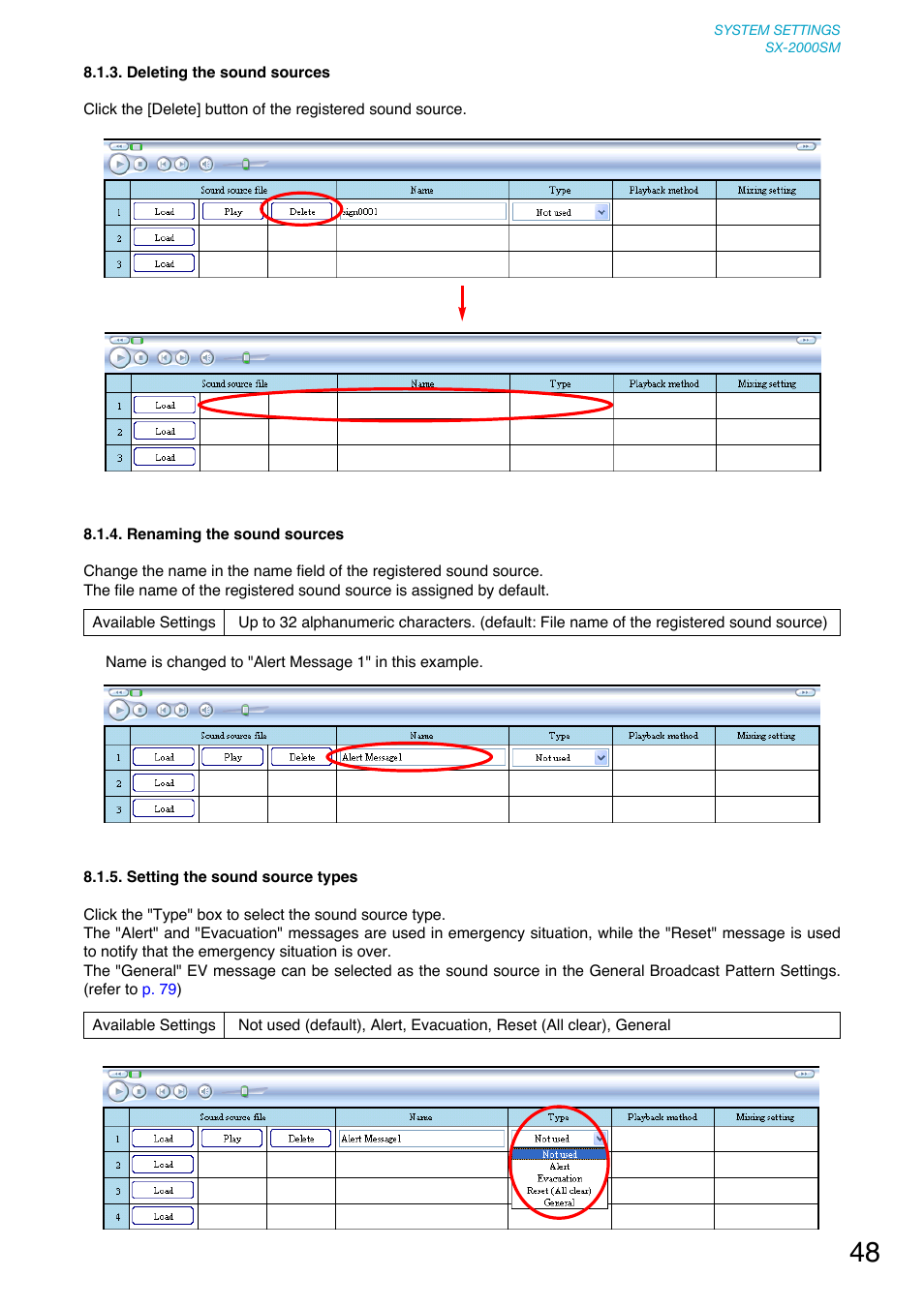 Deleting the sound sources, Renaming the sound sources, Setting the sound source types | Toa SX-2000 Series User Manual | Page 48 / 180