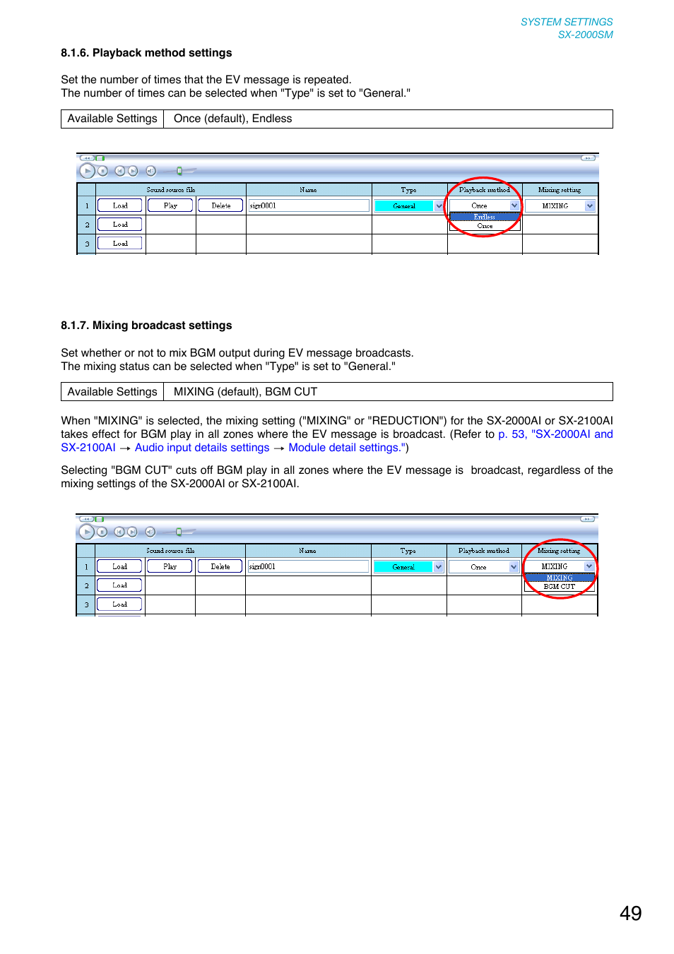 Playback method settings, Mixing broadcast settings | Toa SX-2000 Series User Manual | Page 49 / 180