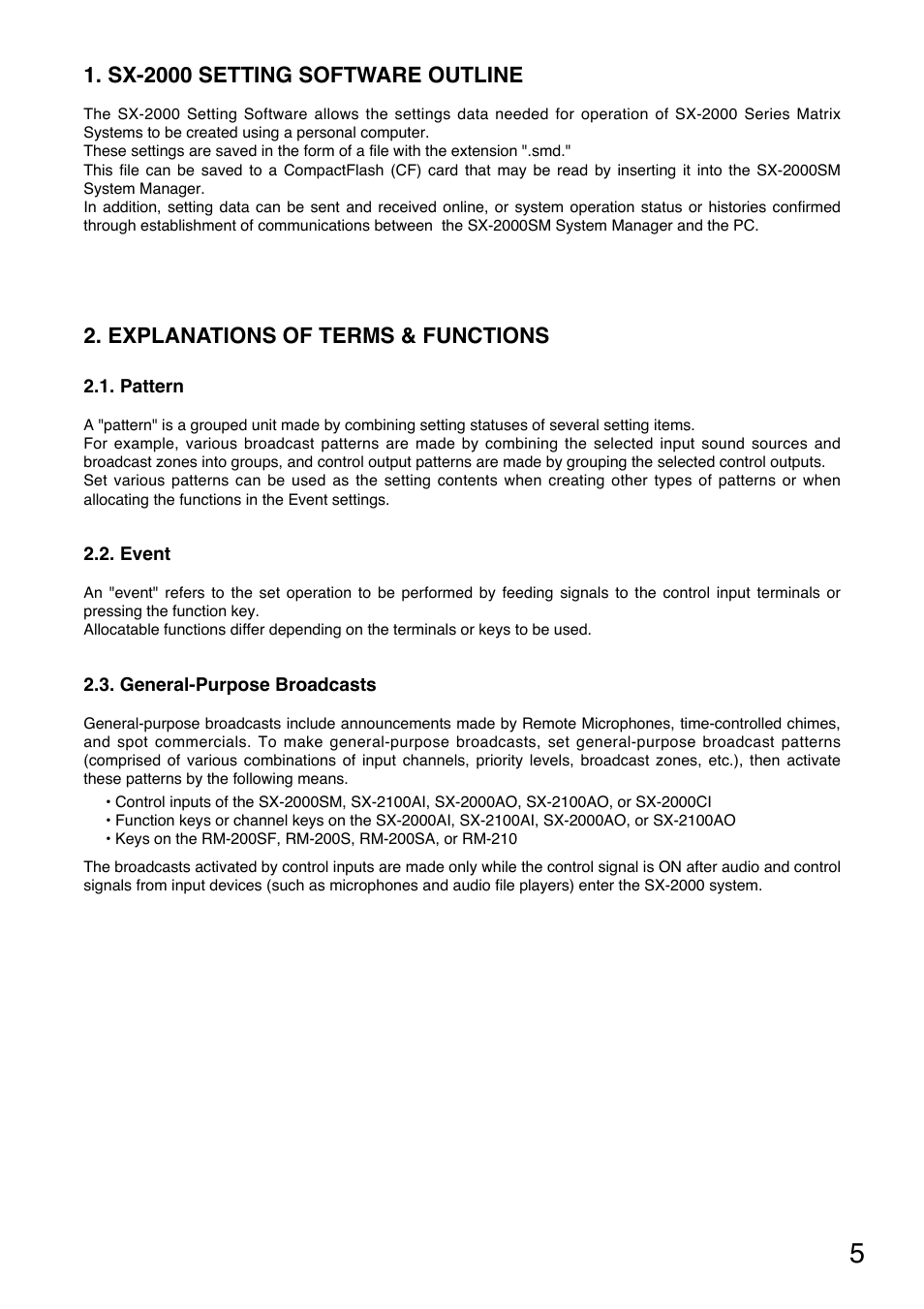 Sx-2000 setting software outline, Explanations of terms & functions, Pattern | Event, General-purpose broadcasts | Toa SX-2000 Series User Manual | Page 5 / 180