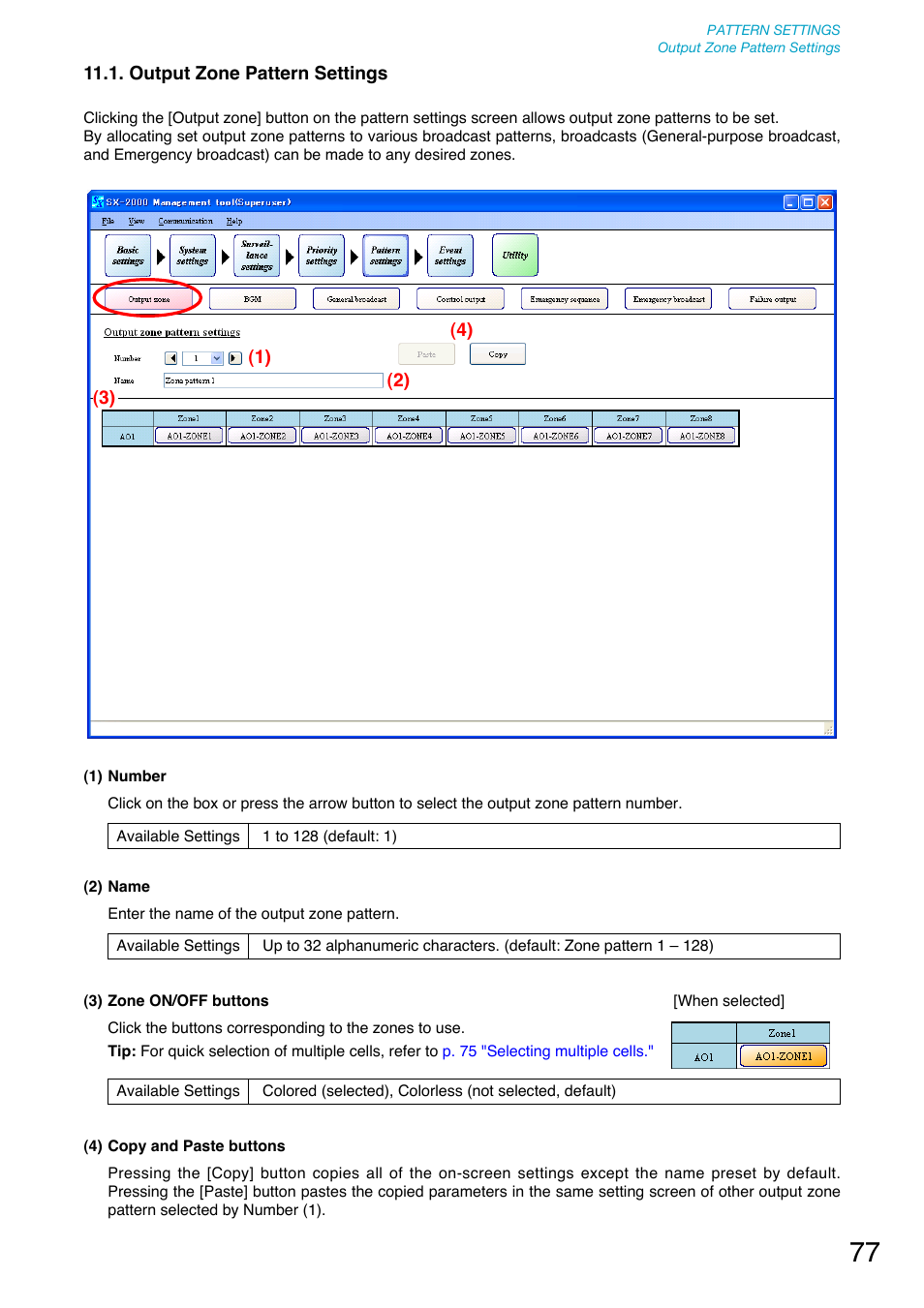 Output zone pattern settings, P. 77) | Toa SX-2000 Series User Manual | Page 77 / 180