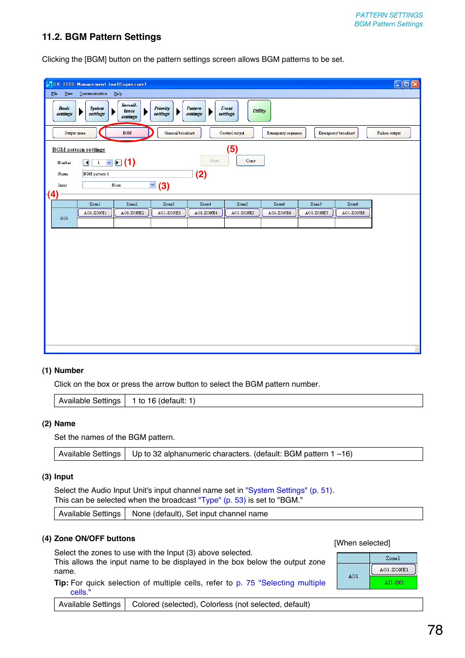 Bgm pattern settings, P. 78) | Toa SX-2000 Series User Manual | Page 78 / 180