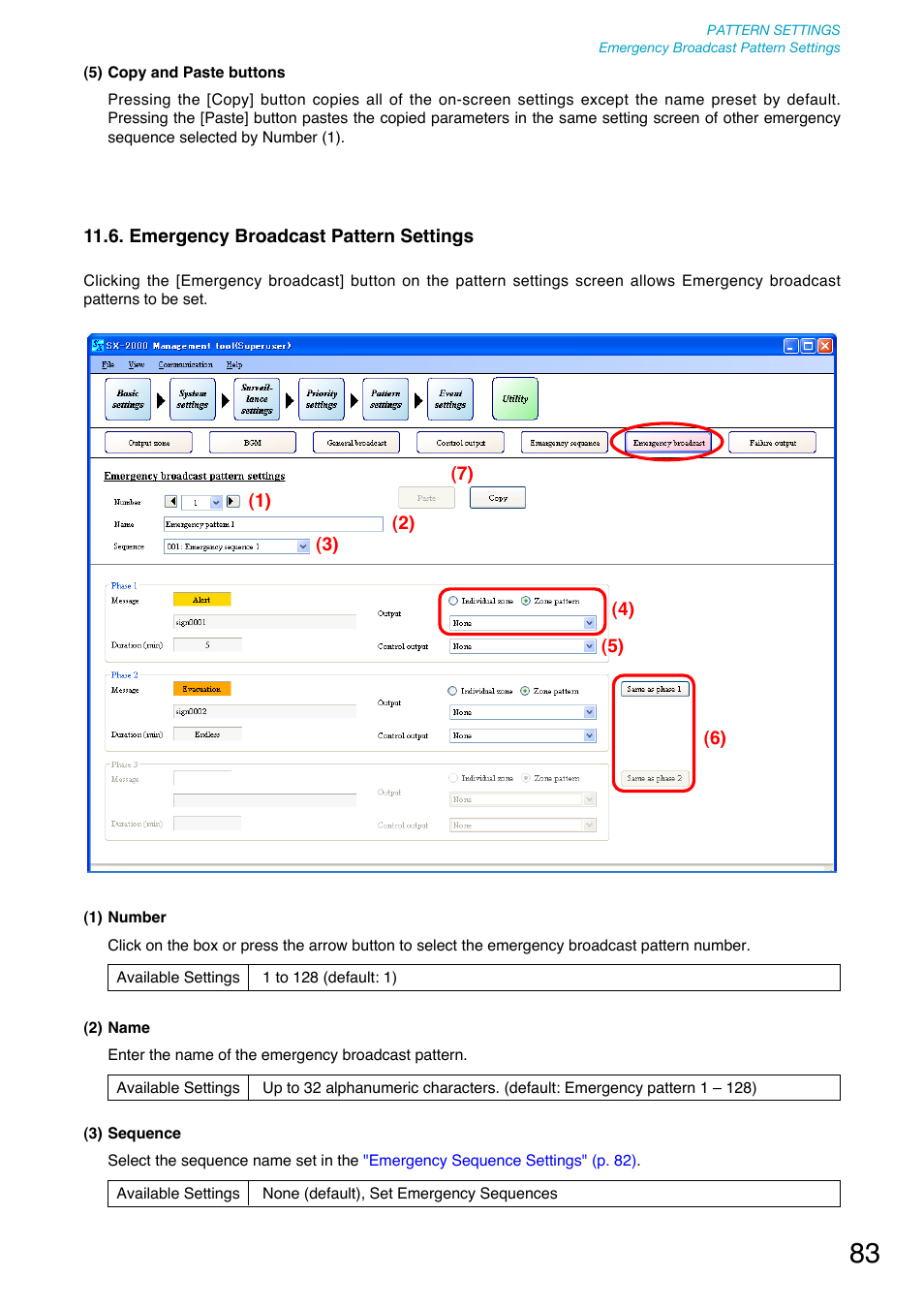 Emergency broadcast pattern settings, P. 83) | Toa SX-2000 Series User Manual | Page 83 / 180