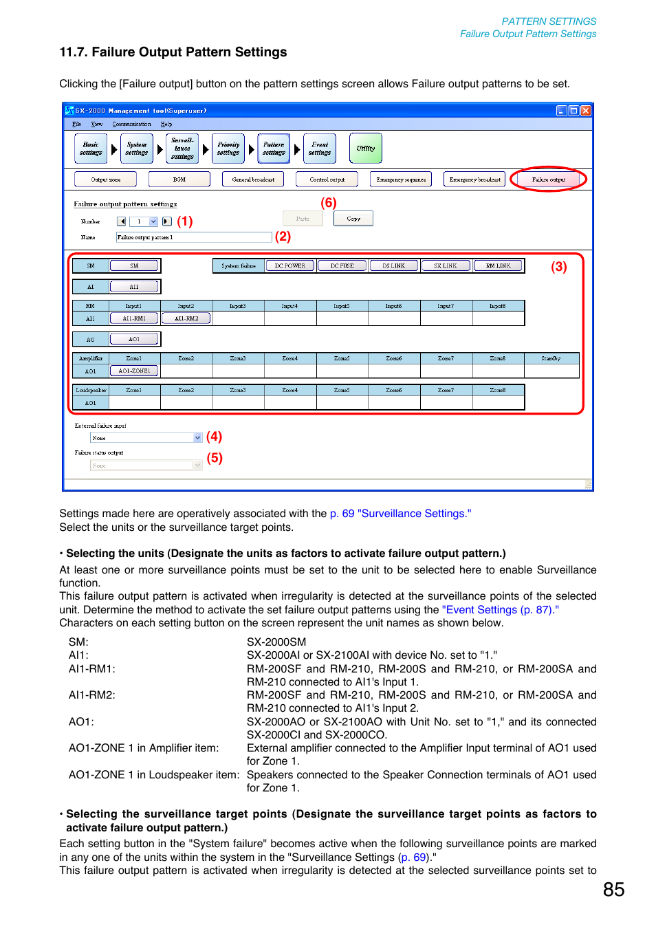 Failure output pattern settings, P. 85) | Toa SX-2000 Series User Manual | Page 85 / 180