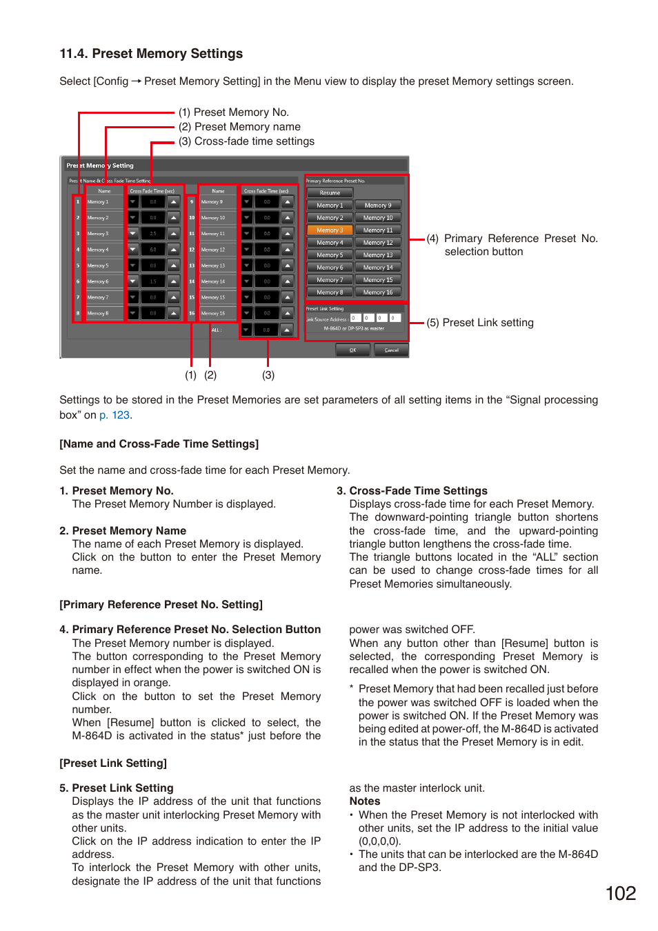 Preset memory settings, P. 102 | Toa M-864D Ver.2.2.0 User Manual | Page 102 / 131