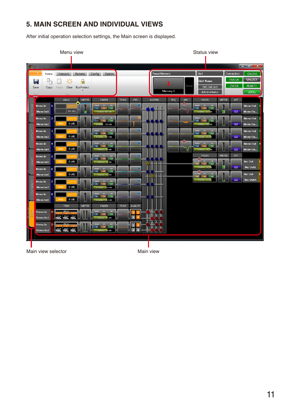 Main screen and individual views, P. 11 | Toa M-864D Ver.2.2.0 User Manual | Page 11 / 131