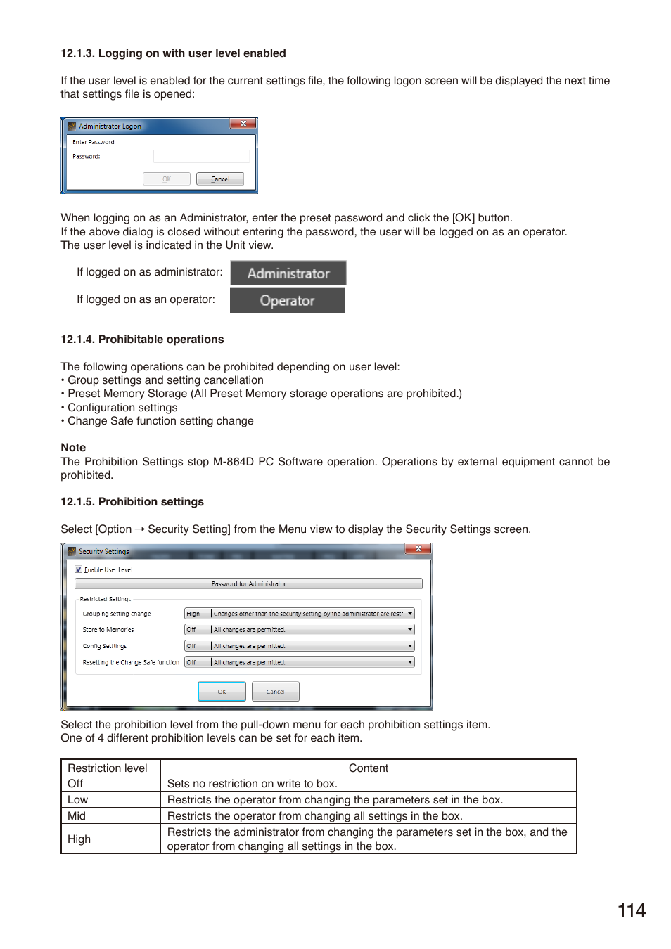 P. 114, P. 114, “logging on with user level enabled | Toa M-864D Ver.2.2.0 User Manual | Page 114 / 131