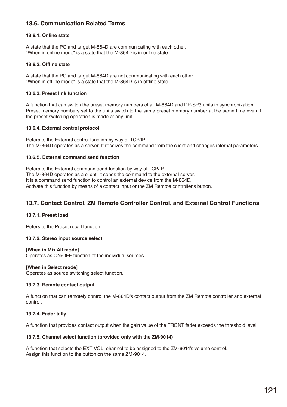 Communication related terms, Contact control, zm remote controller control, and, External control functions | Toa M-864D Ver.2.2.0 User Manual | Page 121 / 131