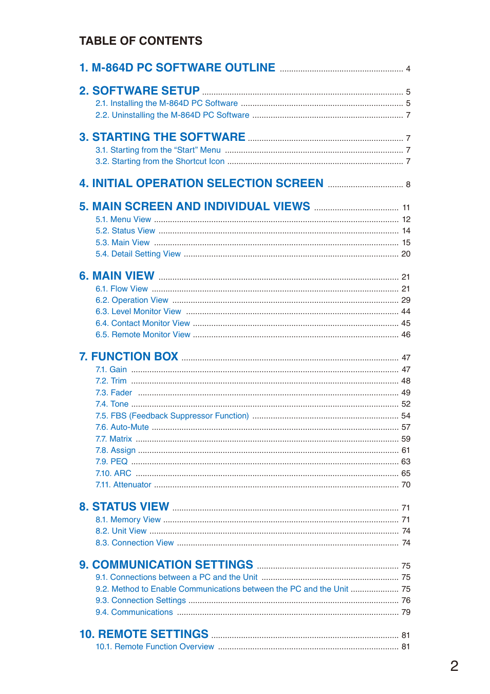 Table of contents 1. m-864d pc software outline, Software setup, Starting the software | Initial operation selection screen, Main screen and individual views, Main view, Function box, Status view, Communication settings, Remote settings | Toa M-864D Ver.2.2.0 User Manual | Page 2 / 131