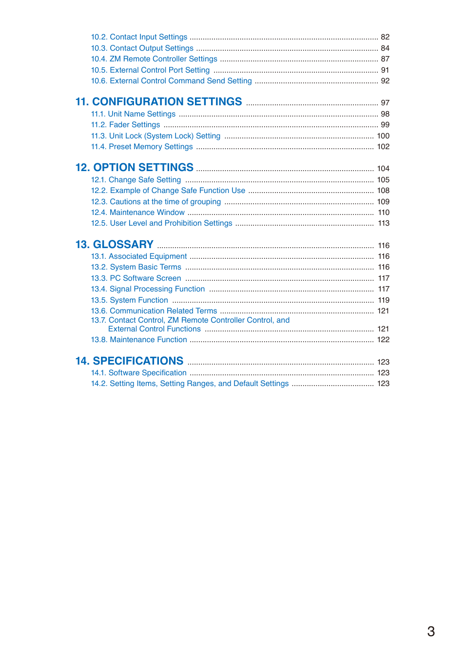 Configuration settings, Option settings, Glossary | Specifications | Toa M-864D Ver.2.2.0 User Manual | Page 3 / 131