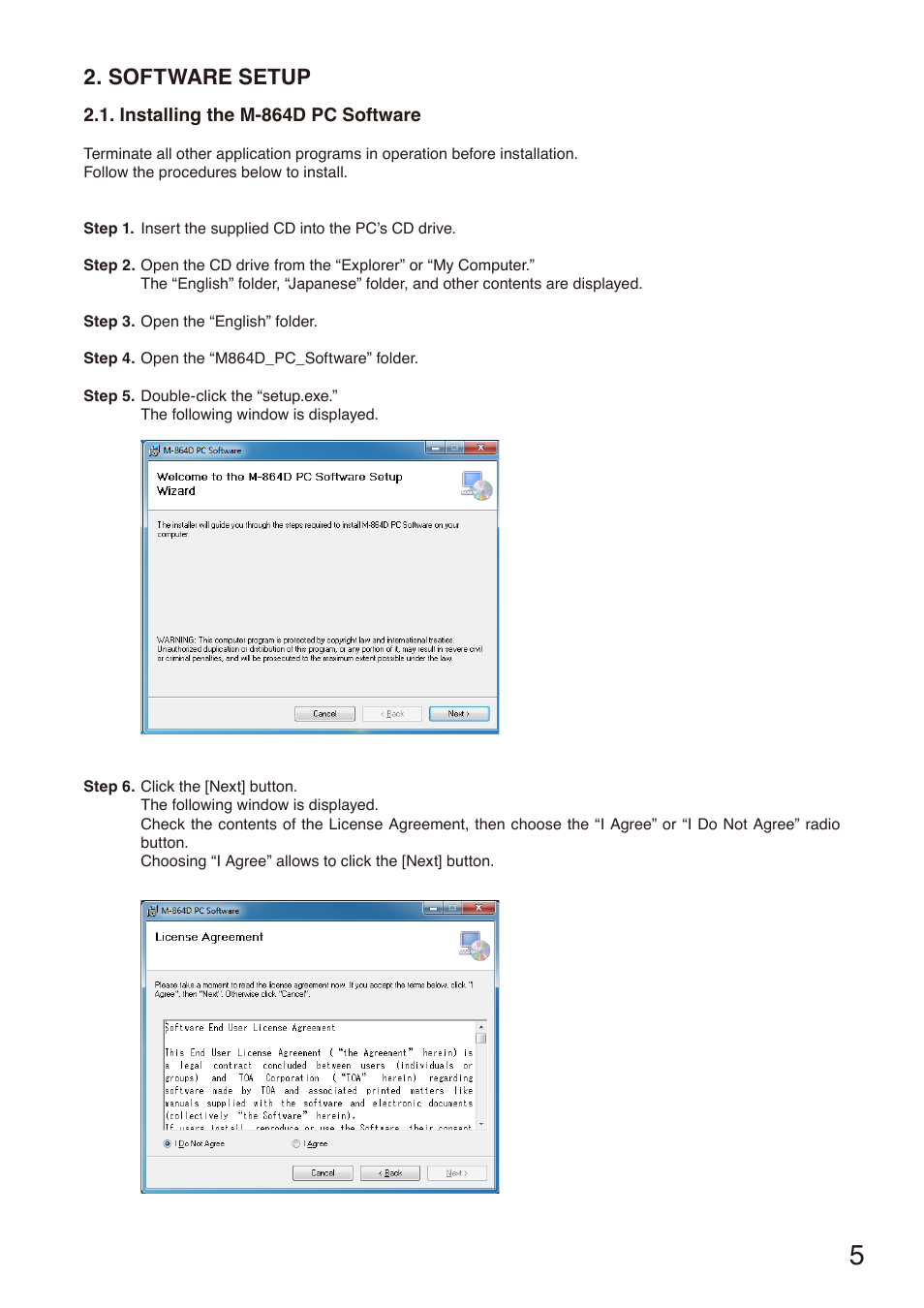 Software setup, Installing the m-864d pc software | Toa M-864D Ver.2.2.0 User Manual | Page 5 / 131