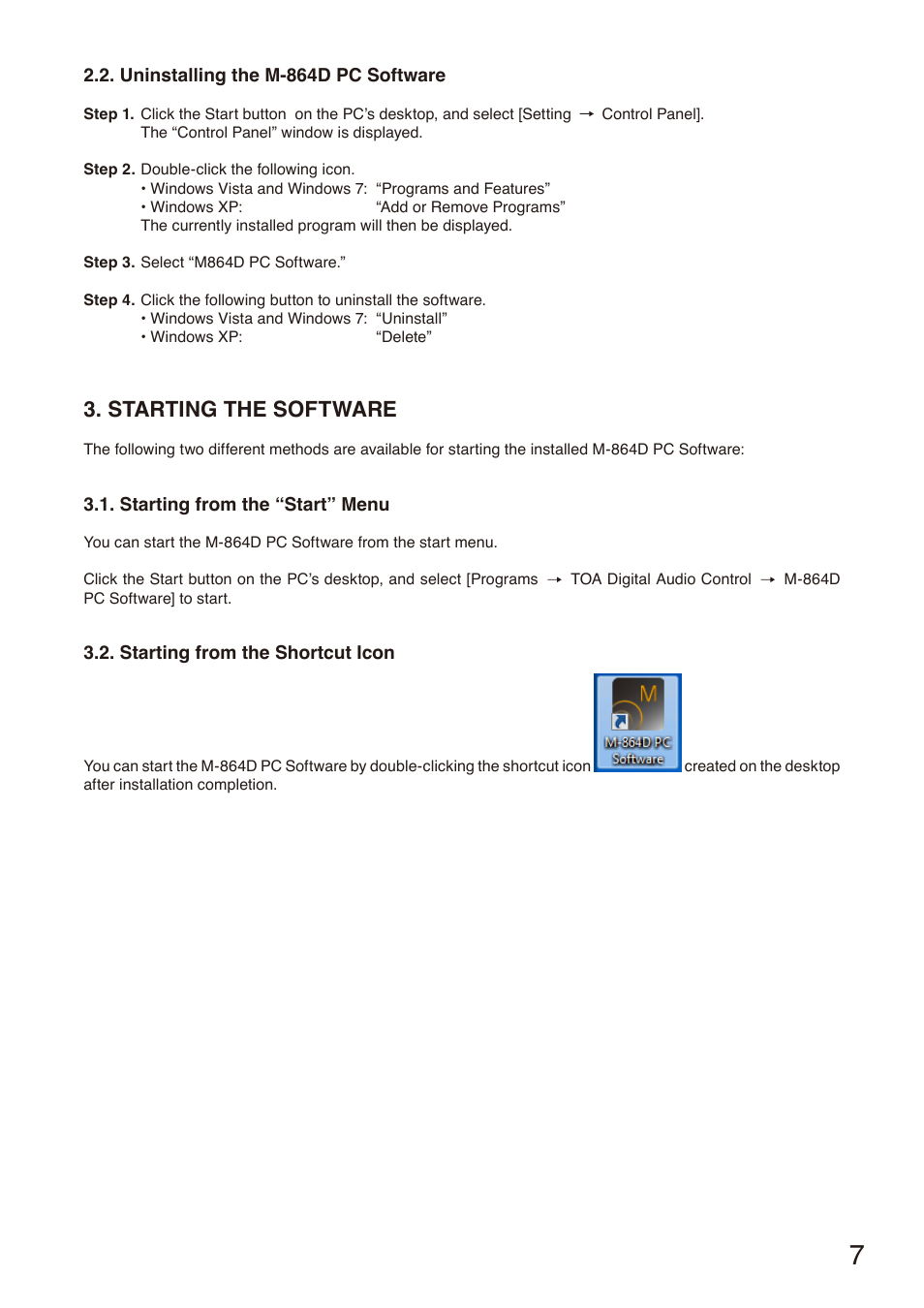 Uninstalling the m-864d pc software, Starting the software, Starting from the “start” menu | Starting from the shortcut icon | Toa M-864D Ver.2.2.0 User Manual | Page 7 / 131