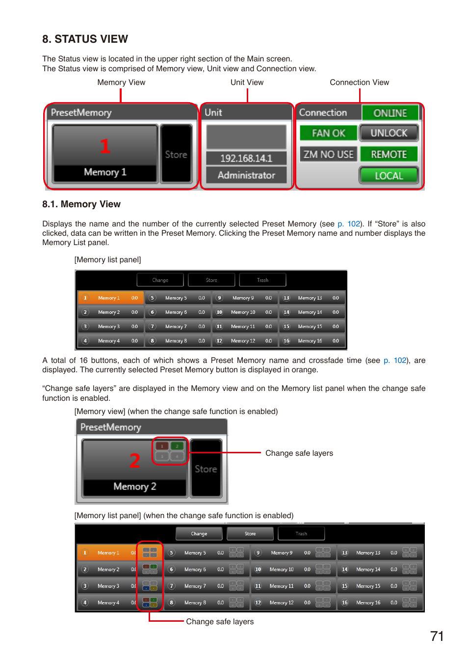 Status view, Memory view, P. 71 | Toa M-864D Ver.2.2.0 User Manual | Page 71 / 131