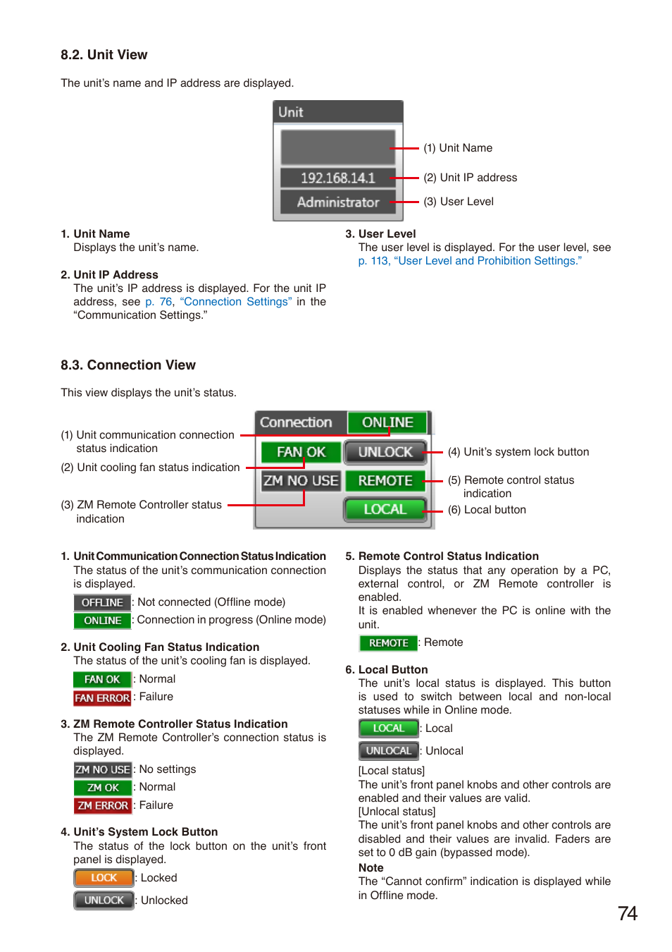 Unit view, Connection view | Toa M-864D Ver.2.2.0 User Manual | Page 74 / 131