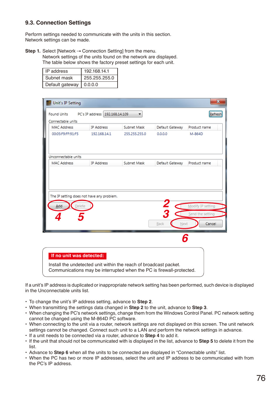 Connection settings, P. 76, P. 76, “connection settings | Toa M-864D Ver.2.2.0 User Manual | Page 76 / 131