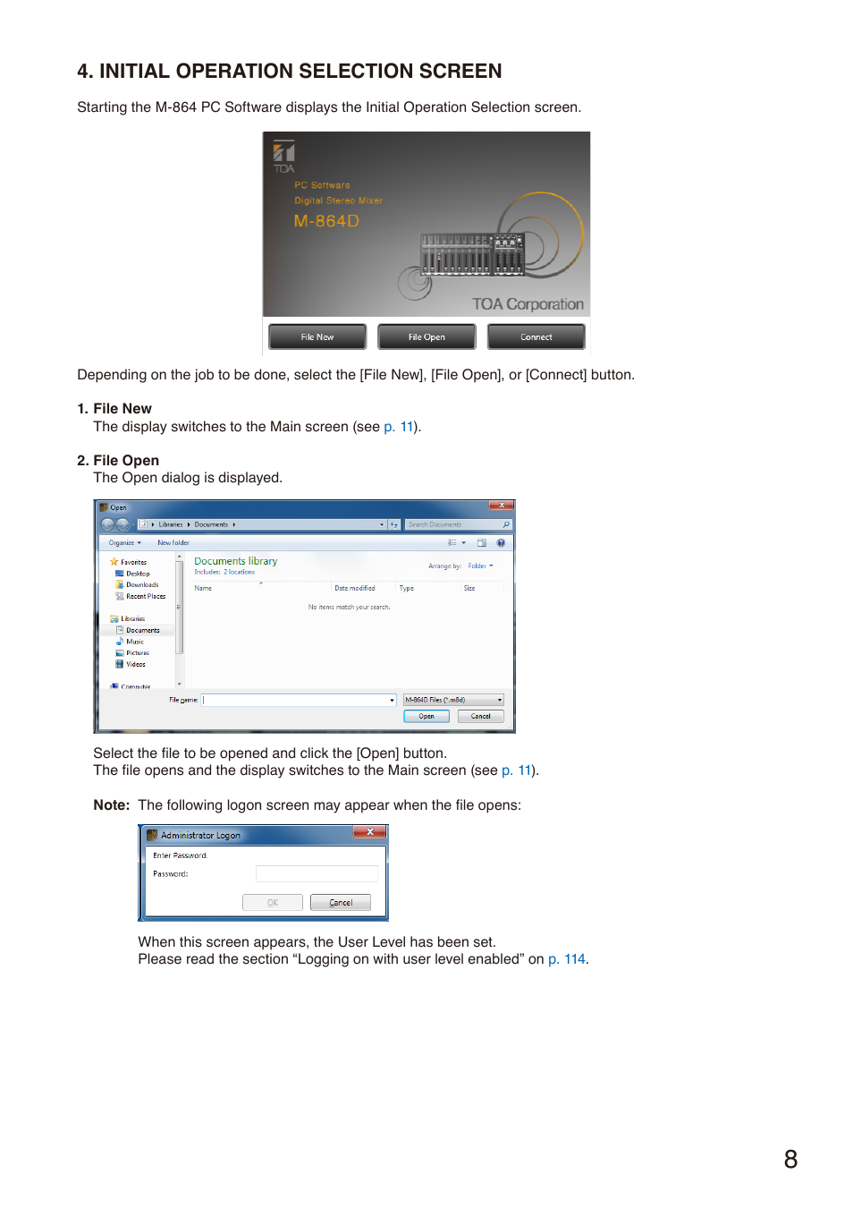 Initial operation selection screen | Toa M-864D Ver.2.2.0 User Manual | Page 8 / 131