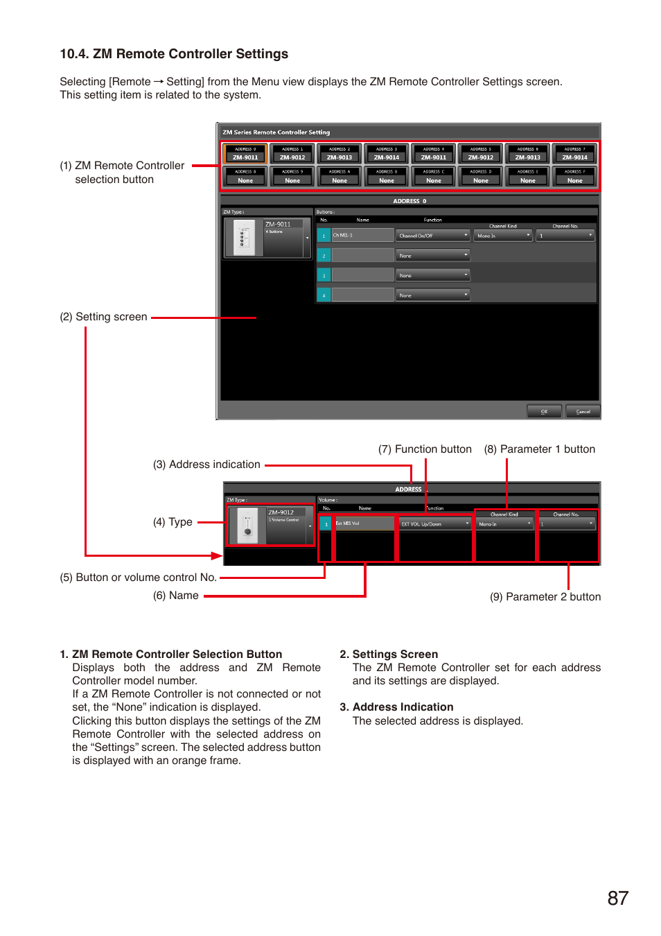 Zm remote controller settings, P. 87 | Toa M-864D Ver.2.2.0 User Manual | Page 87 / 131