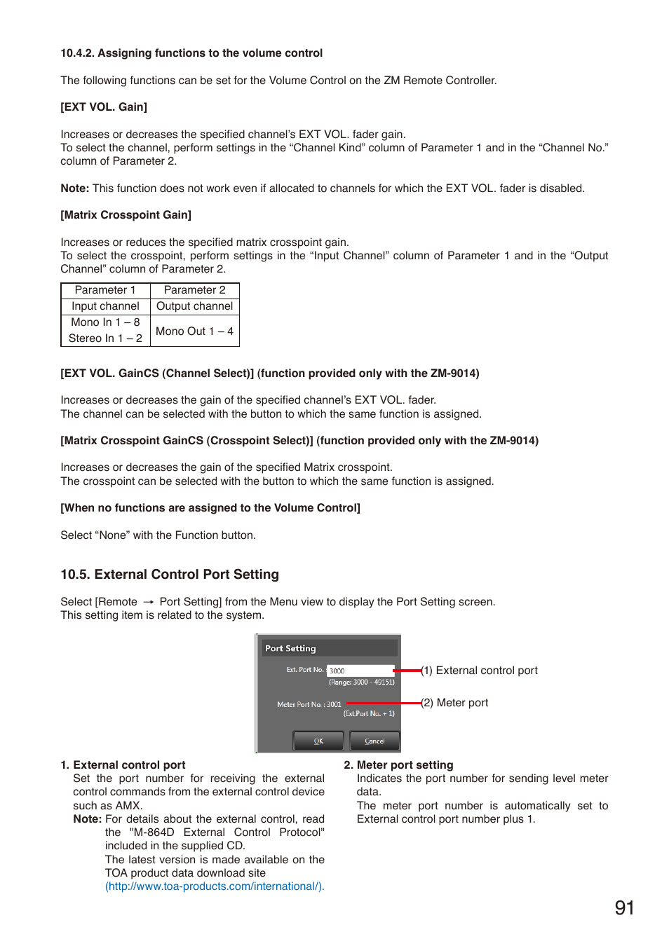 External control port setting, P. 91, P. 91, “external control port setting | Toa M-864D Ver.2.2.0 User Manual | Page 91 / 131