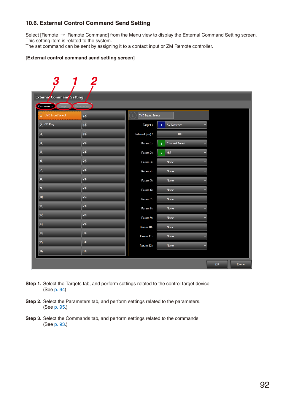 External control command send setting, P. 92, P. 92, “external control command send setting | Toa M-864D Ver.2.2.0 User Manual | Page 92 / 131