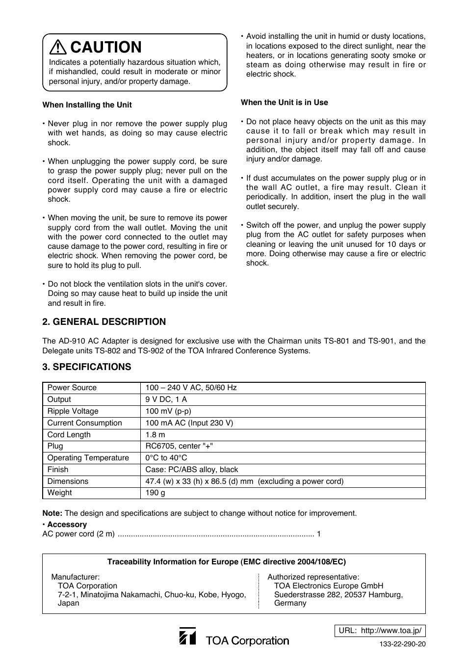 Caution | Toa AD-0910 User Manual | Page 2 / 2