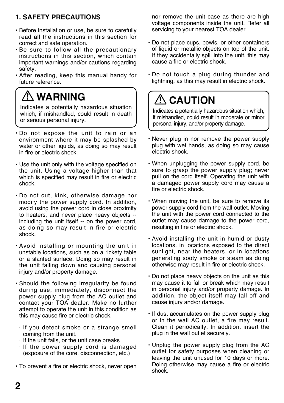 Warning, Caution | Toa AD-5000-2 User Manual | Page 2 / 16