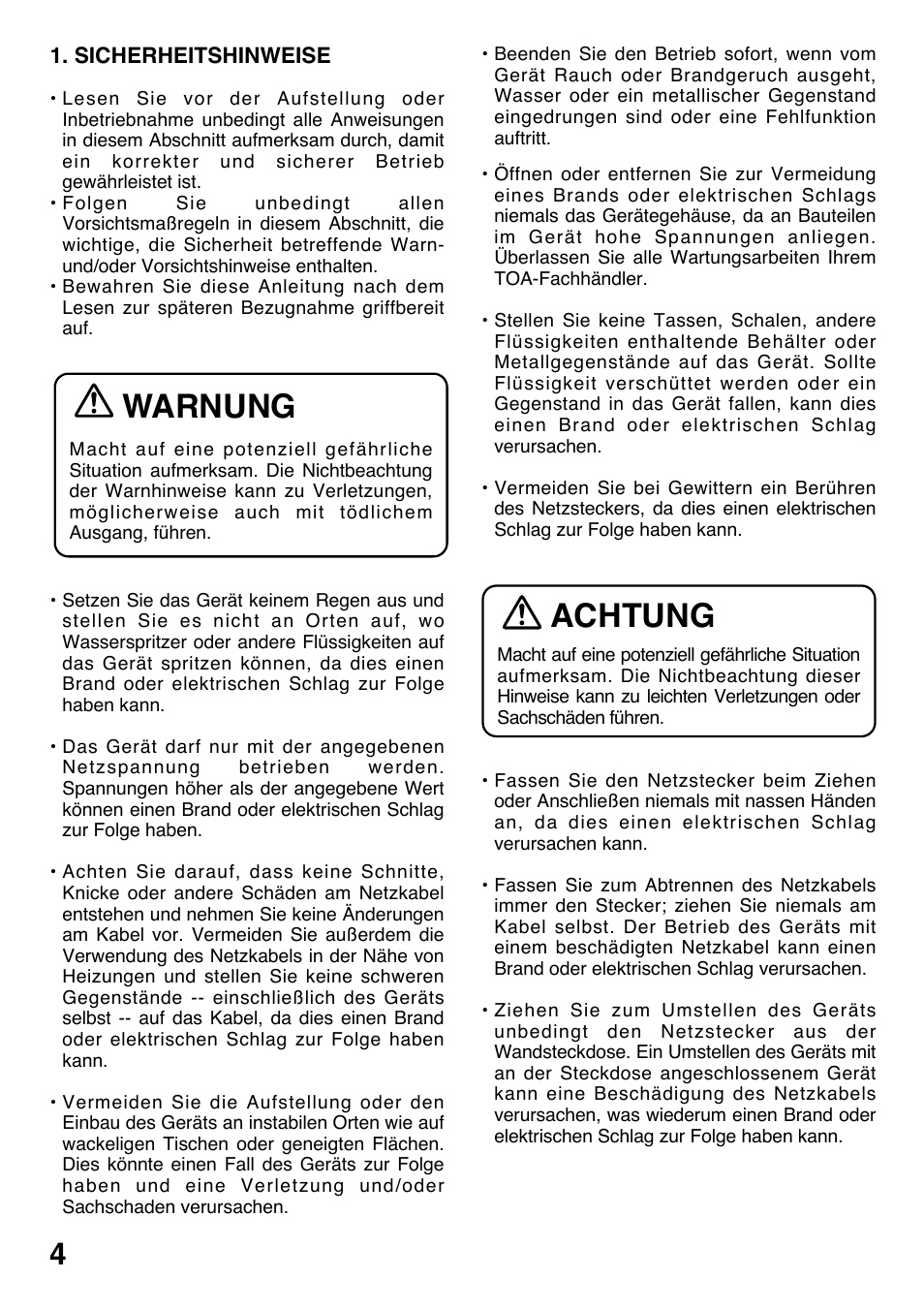 Warnung, Achtung | Toa AD-5000-2 User Manual | Page 4 / 16