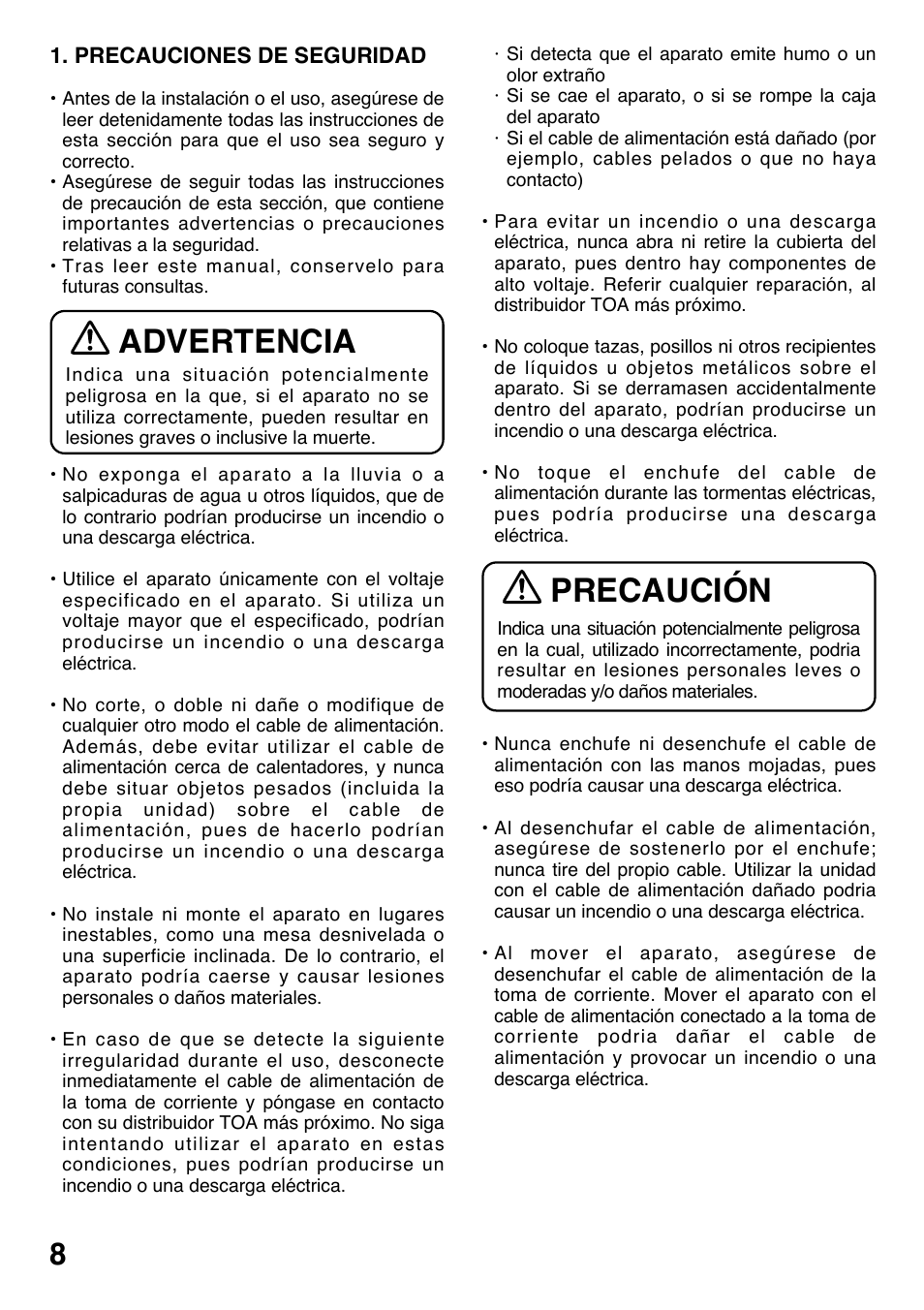 Advertencia, Precaución | Toa AD-5000-2 User Manual | Page 8 / 16