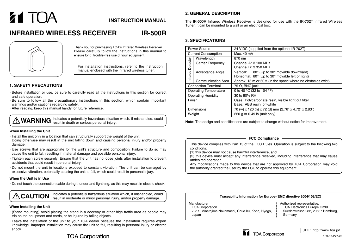 Toa IR-500R User Manual | 1 page