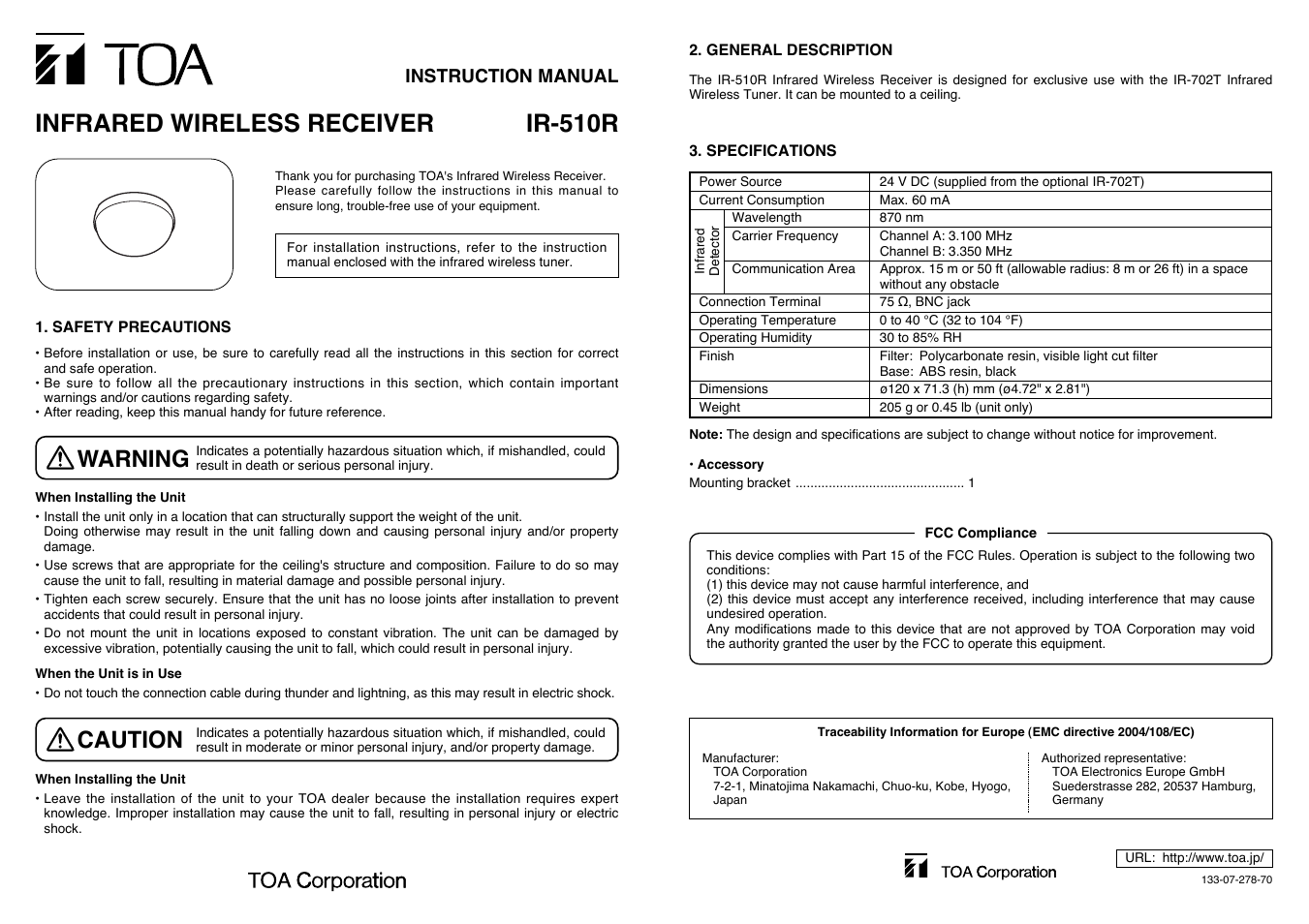 Toa IR-510R User Manual | 1 page