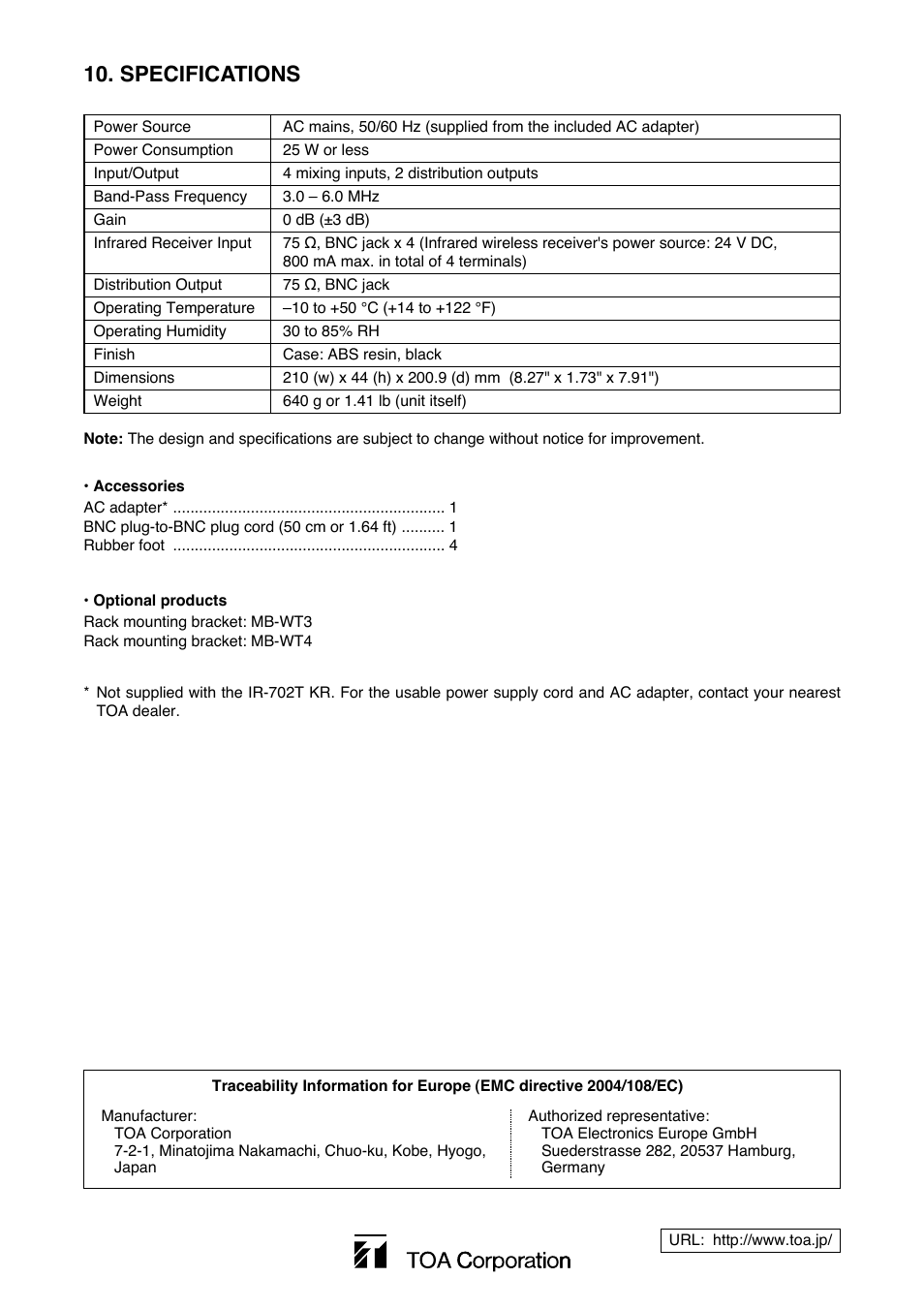 Specifications | Toa IR-700D User Manual | Page 12 / 24