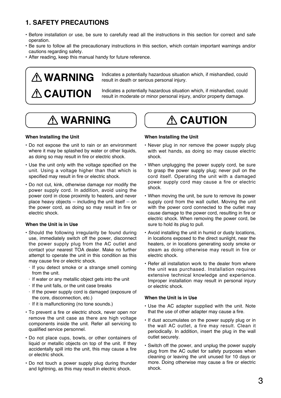 Warning caution, Safety precautions | Toa IR-700D User Manual | Page 3 / 24