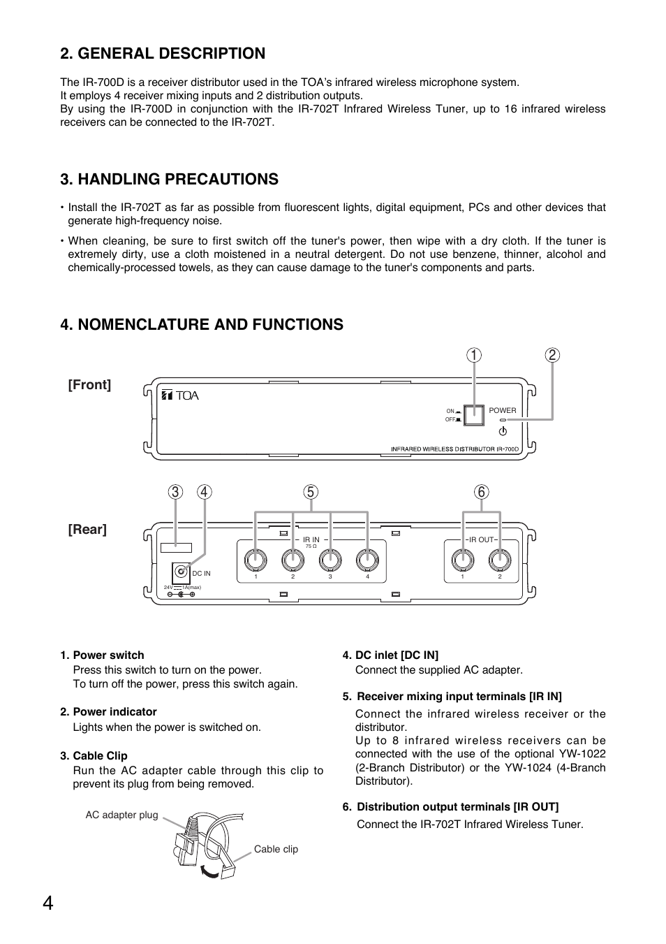 General description, Handling precautions, Nomenclature and functions | Front] [rear | Toa IR-700D User Manual | Page 4 / 24