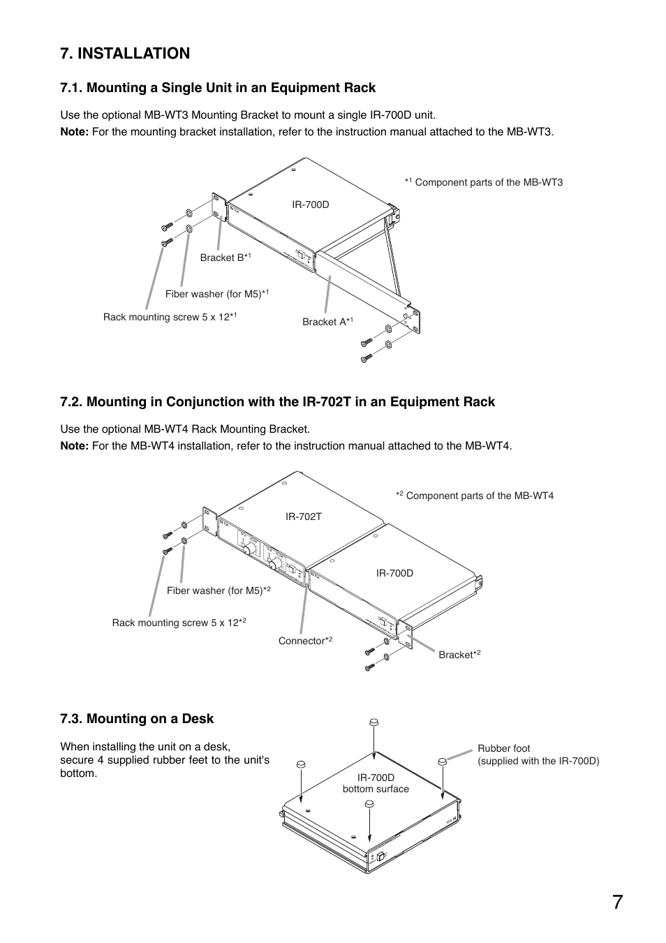 Installation, Mounting a single unit in an equipment rack, Mounting on a desk | Toa IR-700D User Manual | Page 7 / 24