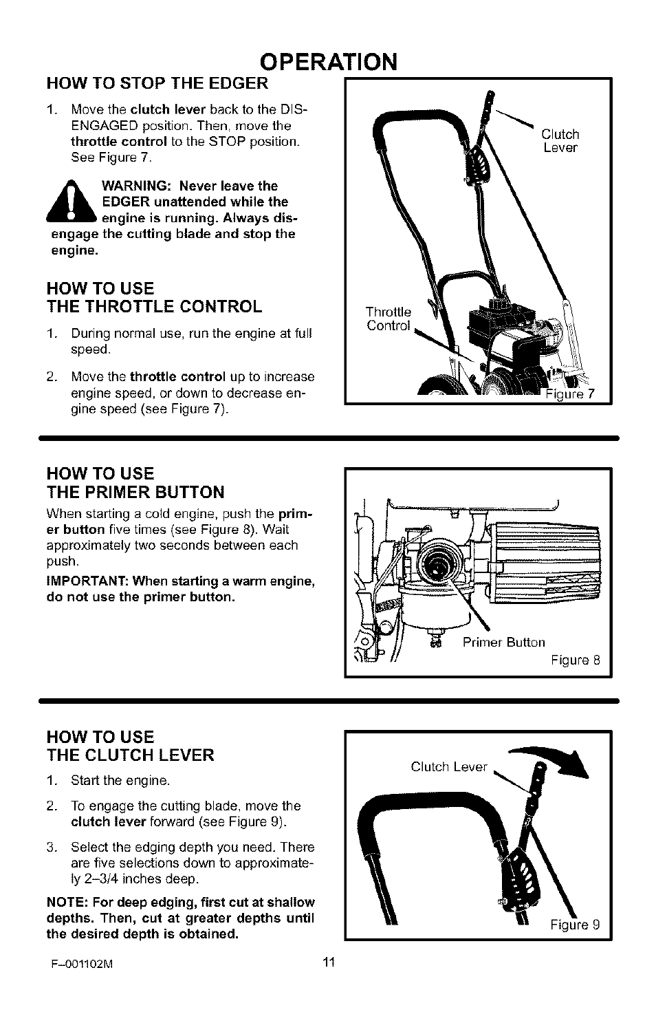 How to use, The throttle control, The primer button | How to use the clutch lever, Operation | Craftsman 536.772301 User Manual | Page 11 / 60
