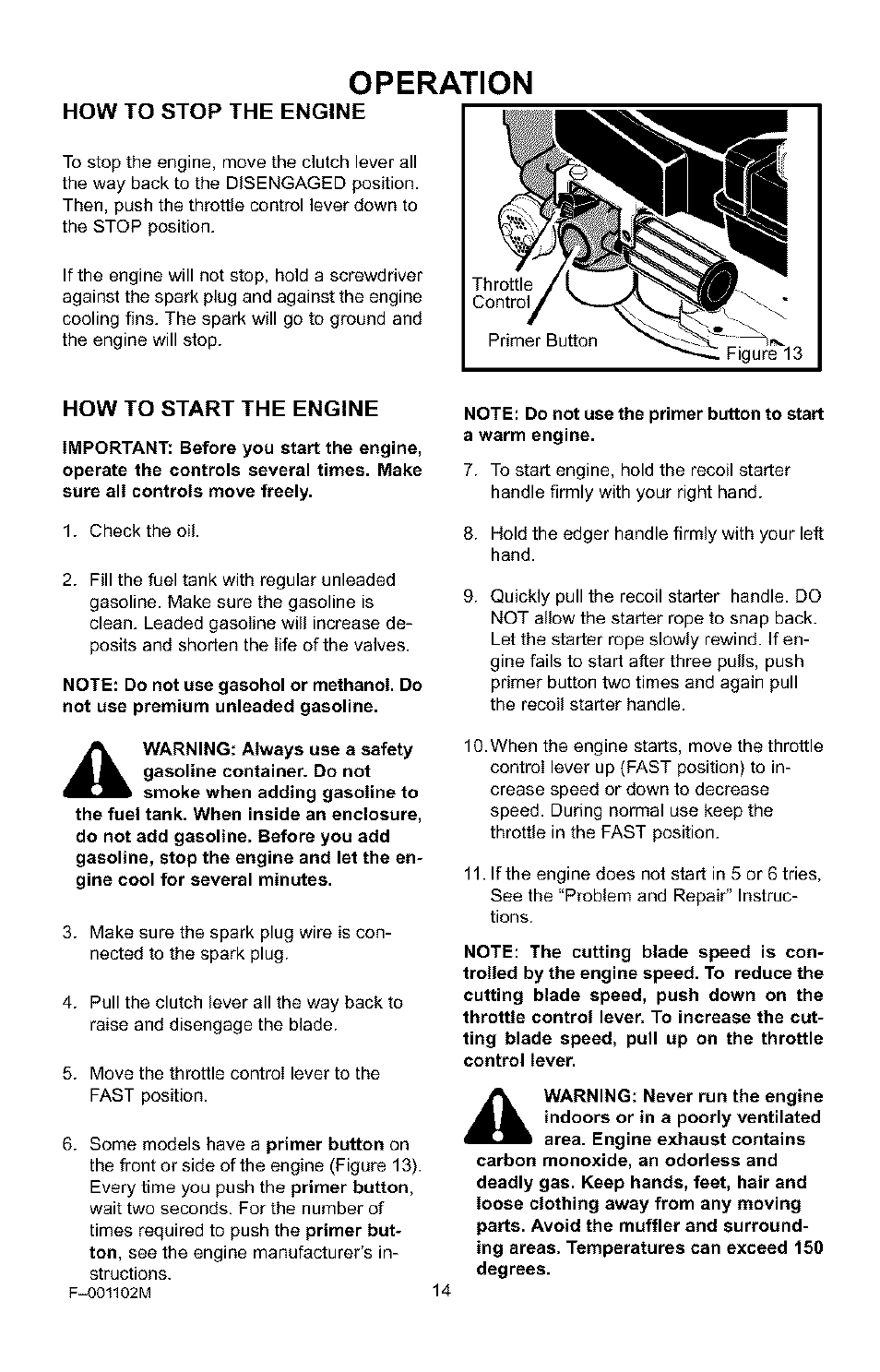 How to start the engine, Operation | Craftsman 536.772301 User Manual | Page 14 / 60