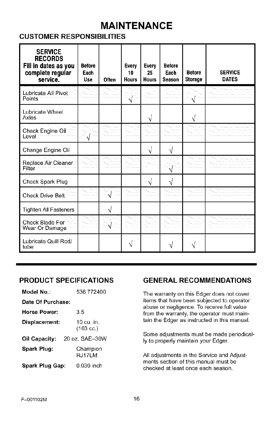 Maintenance, Customer responsibilities, Product specifications | General recommendations | Craftsman 536.772301 User Manual | Page 16 / 60