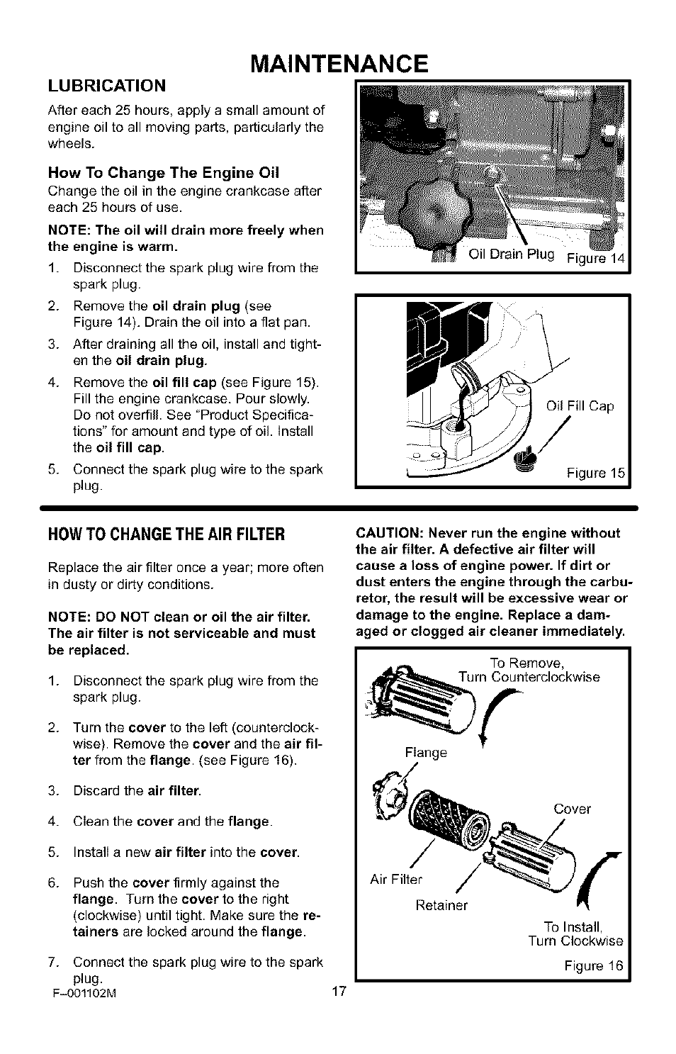 Lubrication, How to change the air filter, Maintenance | Craftsman 536.772301 User Manual | Page 17 / 60