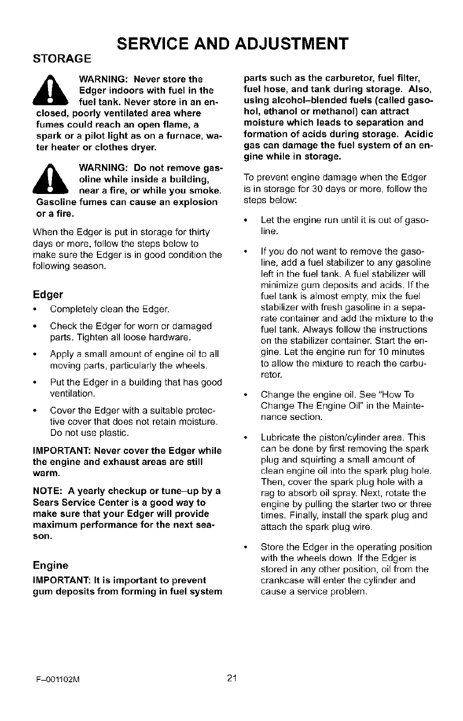 Storage, Service and adjustment | Craftsman 536.772301 User Manual | Page 21 / 60