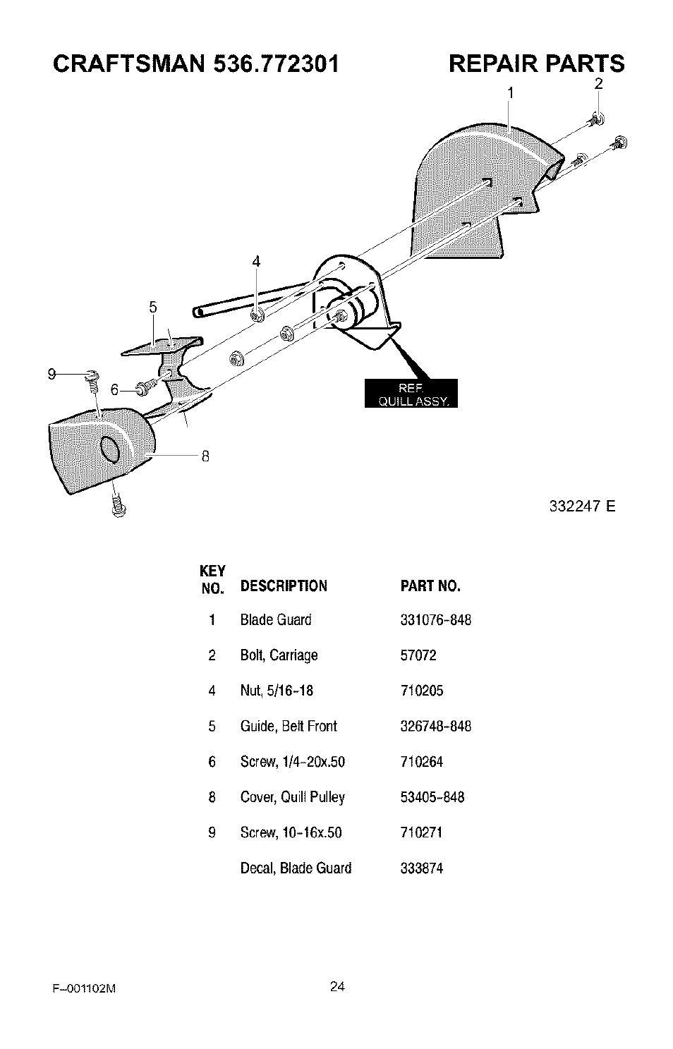 Blade guard, Bolt, carriage, Guide, belt front | Screw, Cover, quill pulley, Decal, blade guard | Craftsman 536.772301 User Manual | Page 24 / 60