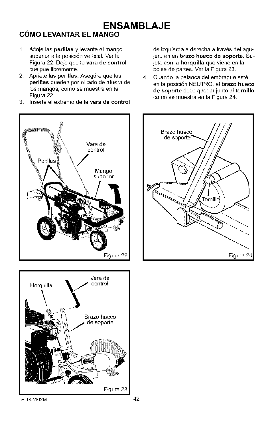 Ensamblaje, Cómo levantar el mango | Craftsman 536.772301 User Manual | Page 42 / 60